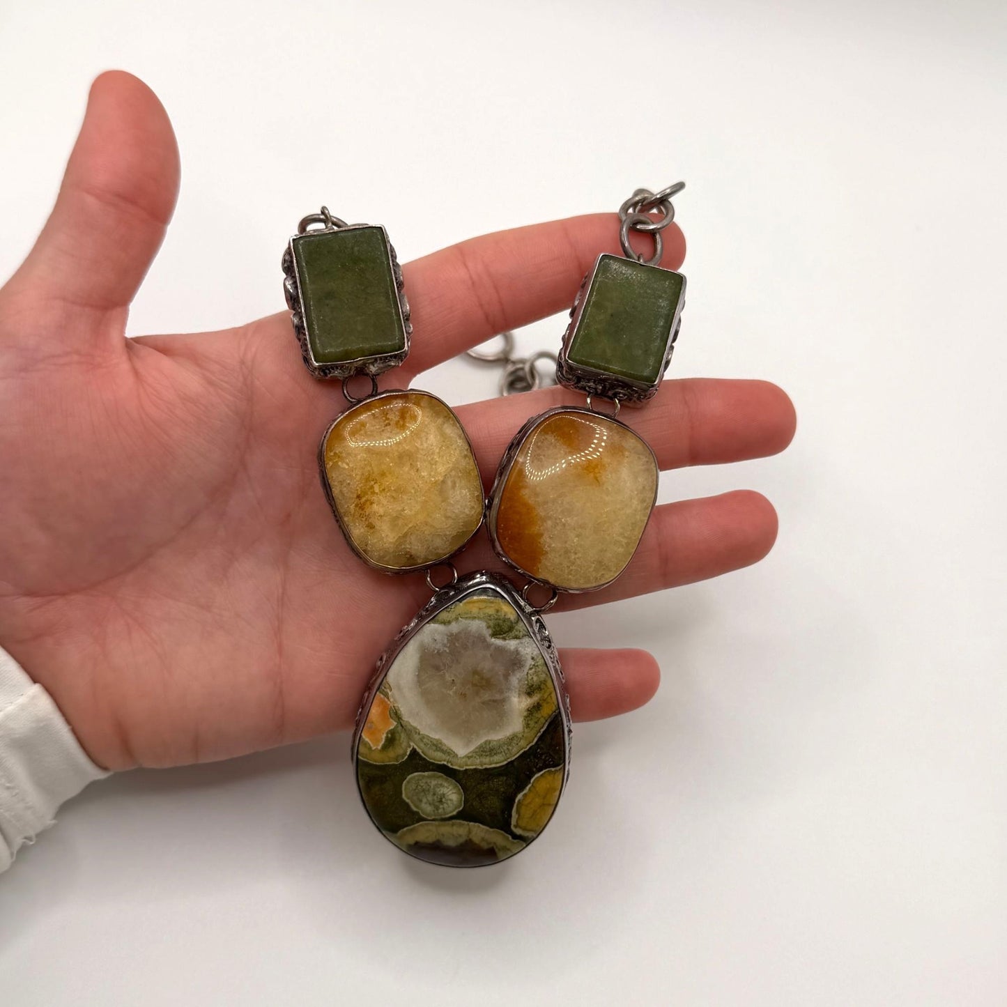 925 Sterling Silver Necklace With Green And Amber Stones Large Pendant