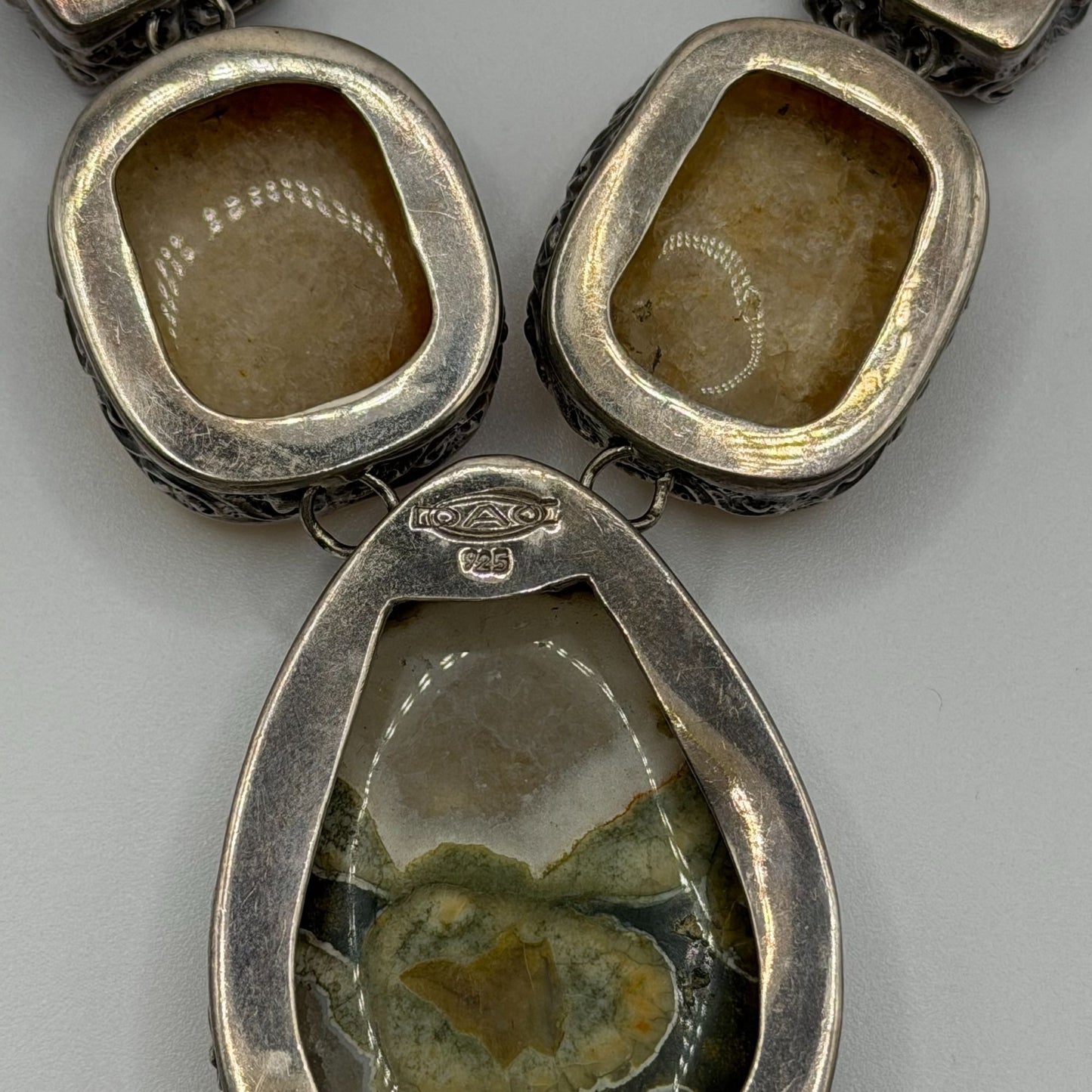 925 Sterling Silver Necklace With Green And Amber Stones Large Pendant