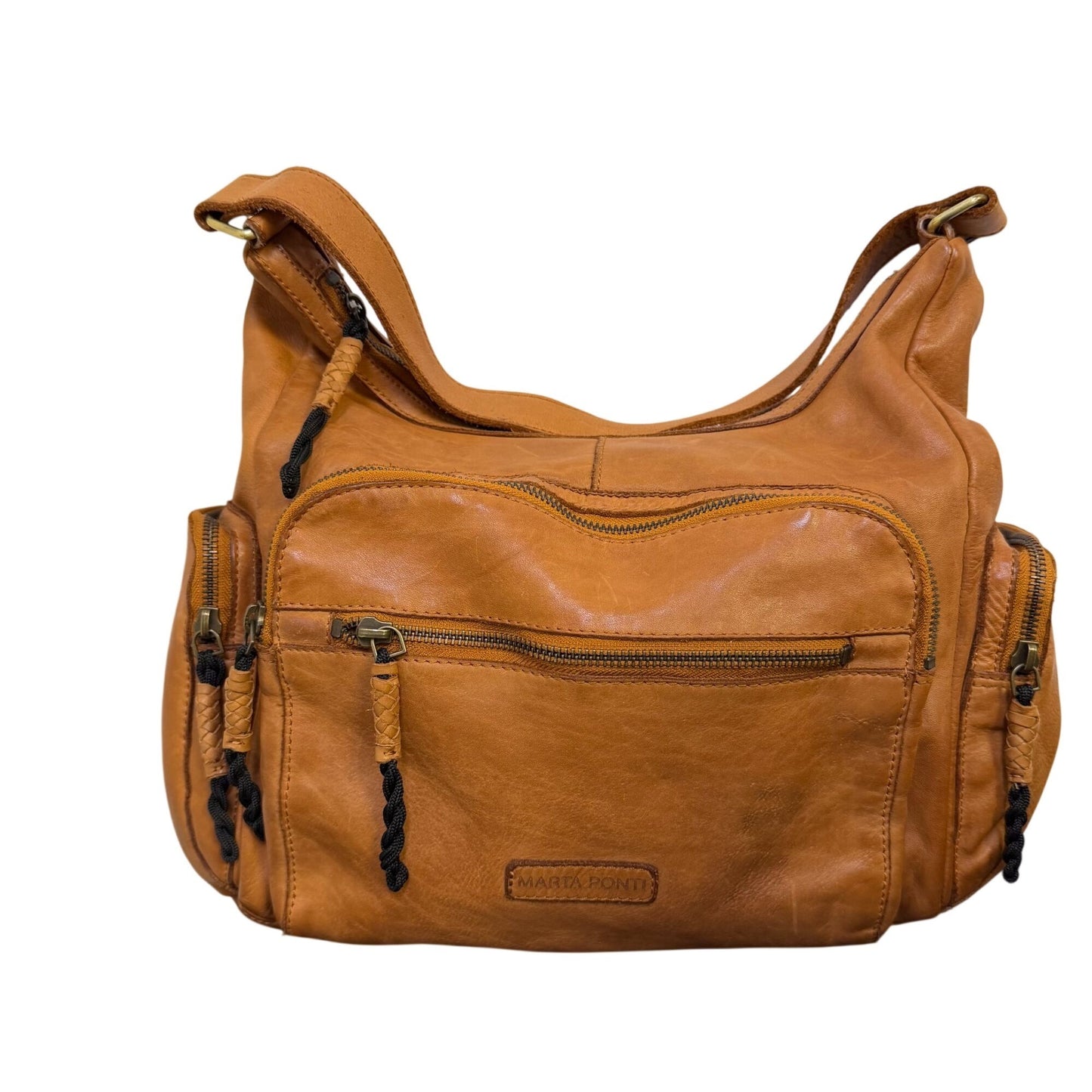 Marta Ponti Brown Genuine Leather Shoulder Bag With Multiple Zipper Pockets