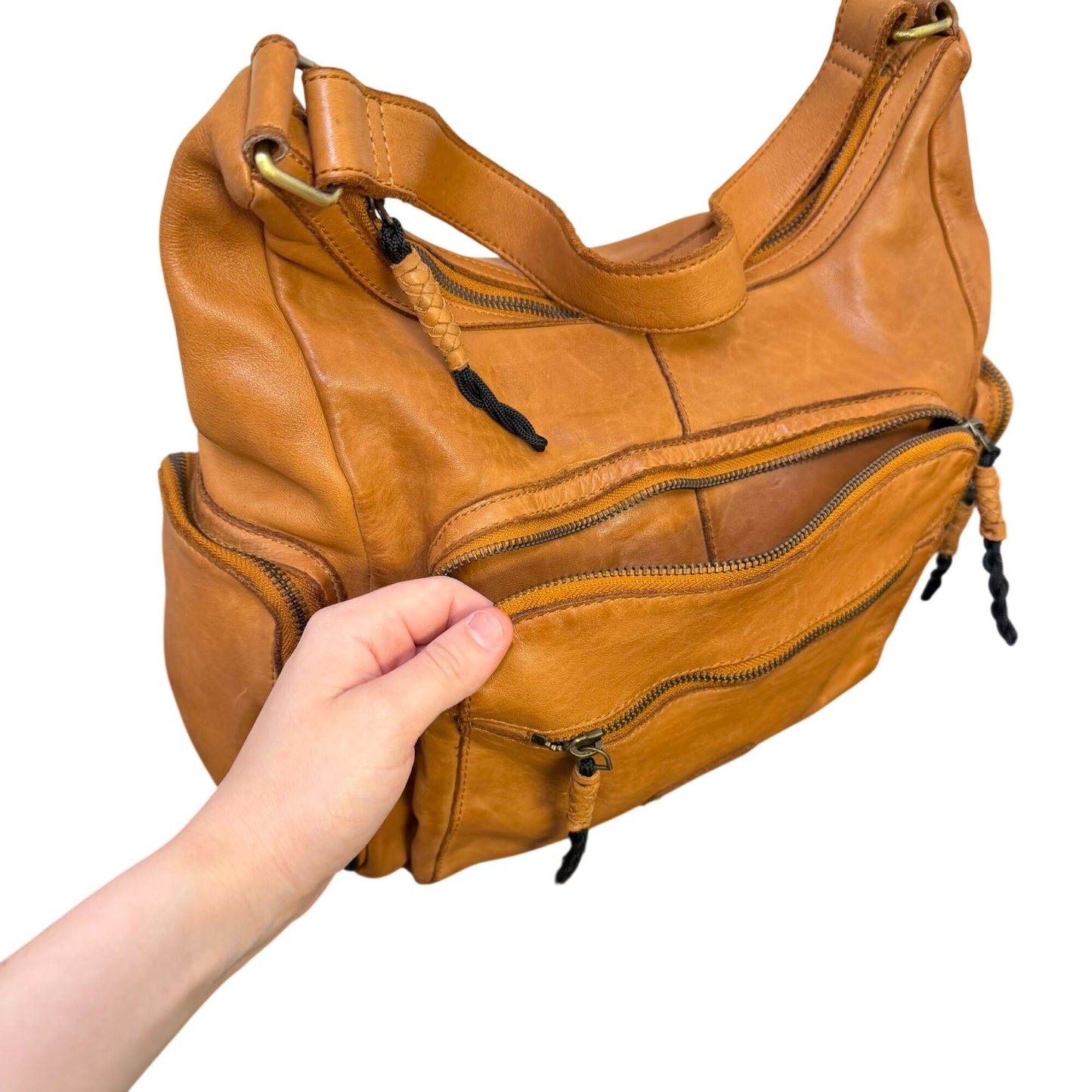 Marta Ponti Brown Genuine Leather Shoulder Bag With Multiple Zipper Pockets