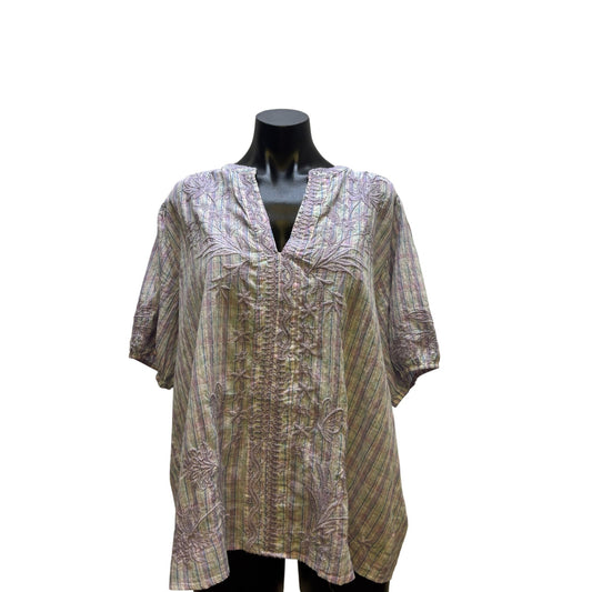 Johnny Was Purple Embroidered Striped Top Blouse L
