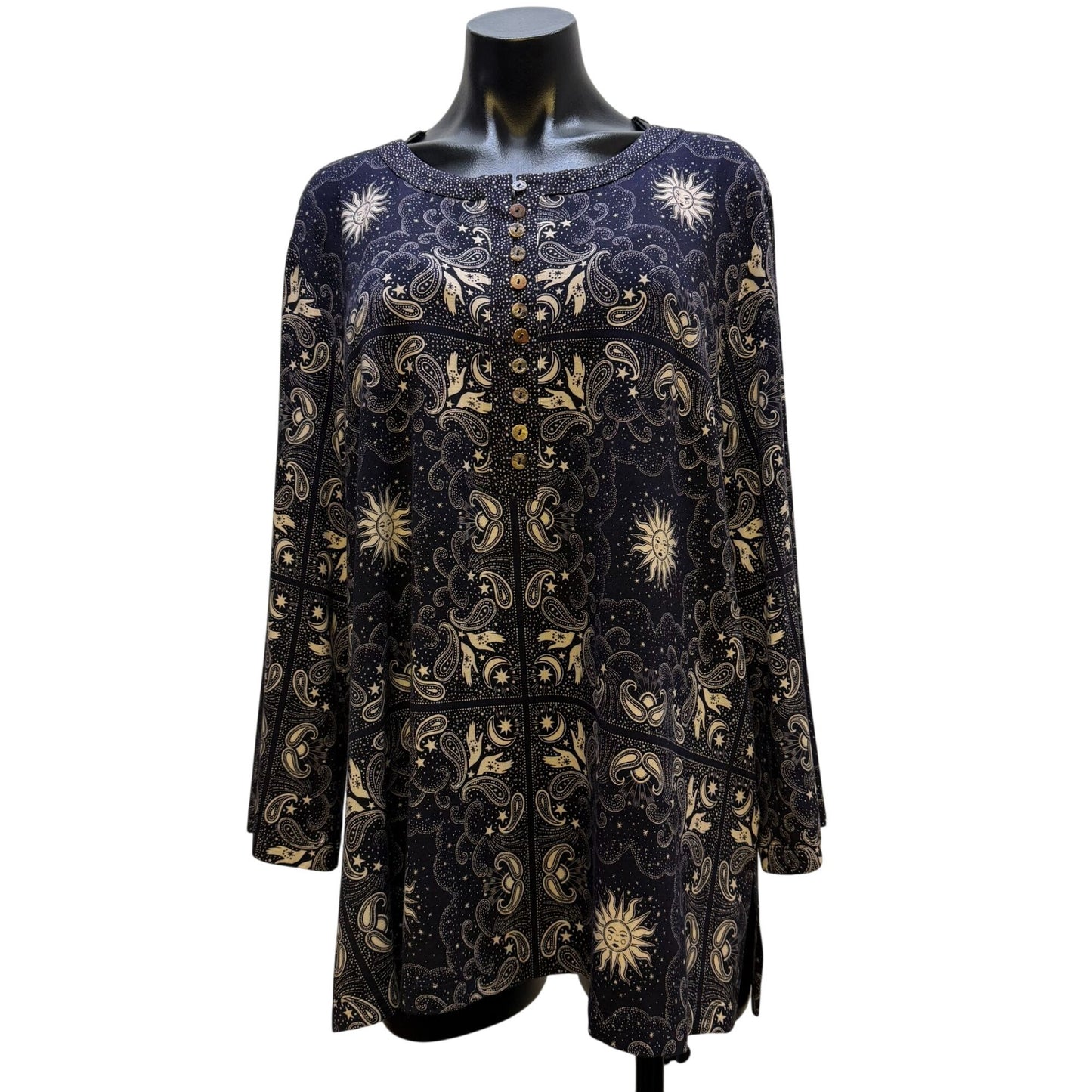 NWT Johnny Was Runa Button Front Long Sleeve Blouse Navy & Cream Paisley Sun Print XL