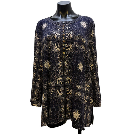 NWT Johnny Was Runa Button Front Long Sleeve Blouse Navy & Cream Paisley Sun Print XL