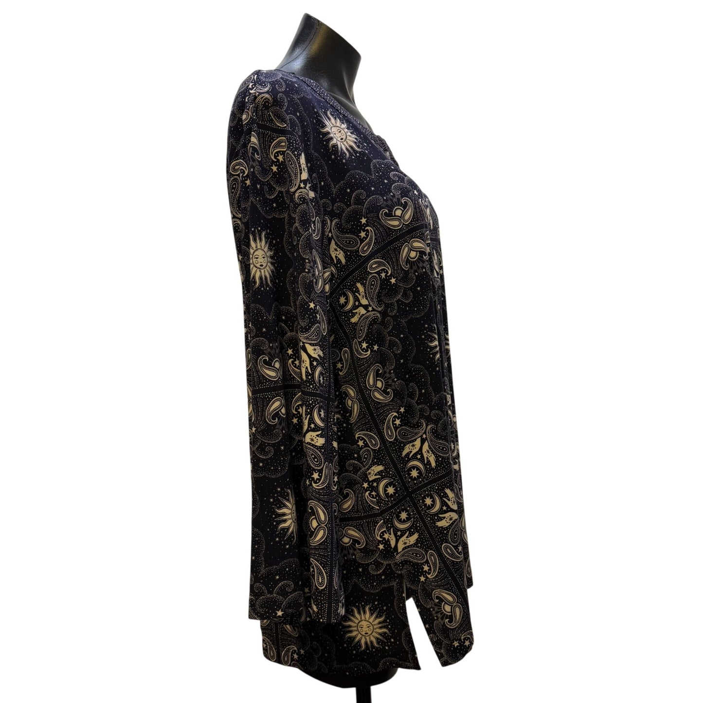 NWT Johnny Was Runa Button Front Long Sleeve Blouse Navy & Cream Paisley Sun Print XL