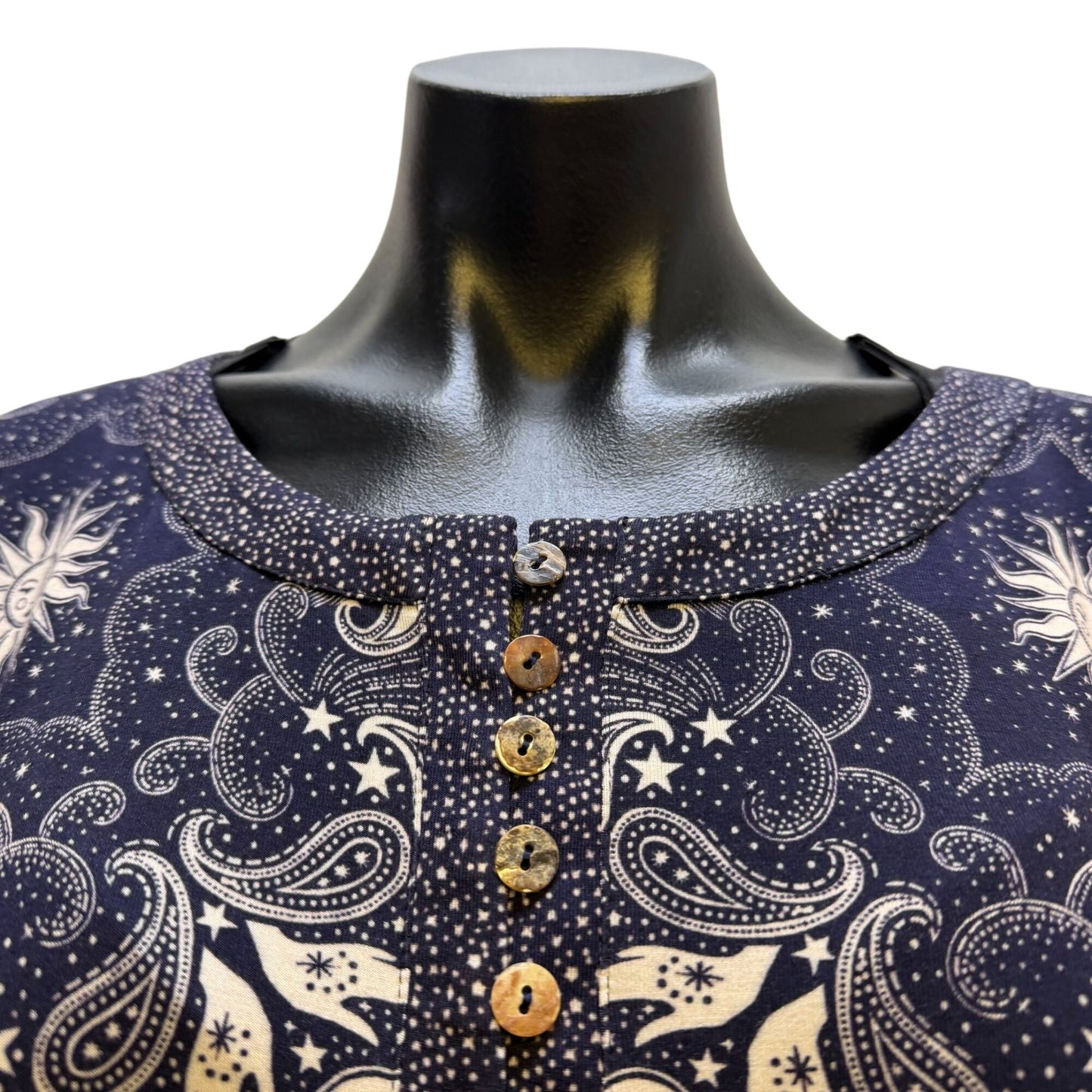 NWT Johnny Was Runa Button Front Long Sleeve Blouse Navy & Cream Paisley Sun Print XL