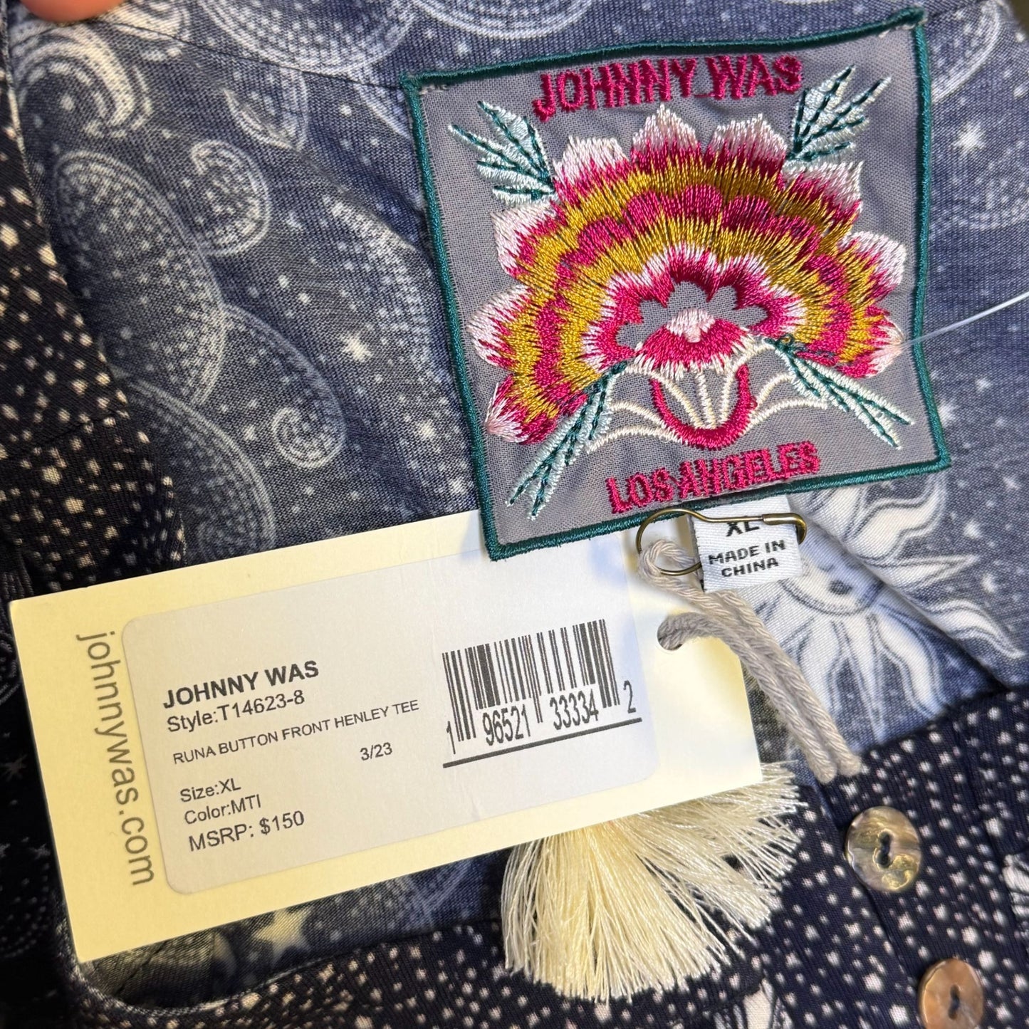 NWT Johnny Was Runa Button Front Long Sleeve Blouse Navy & Cream Paisley Sun Print XL