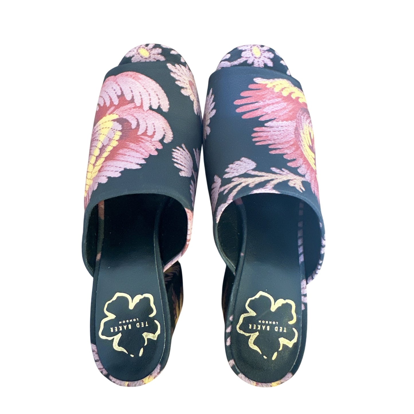 Ted Baker Floral Platform Heeled Mules Black/Pink Size 7.5