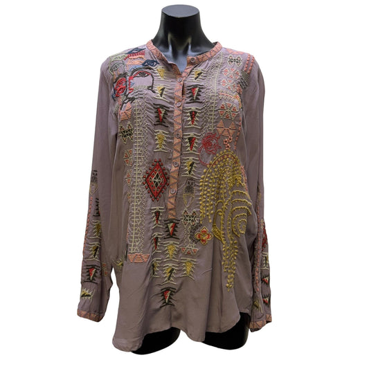 Johnny Was Biya Embroidered Lavender Tunic Blouse Long Sleeves S