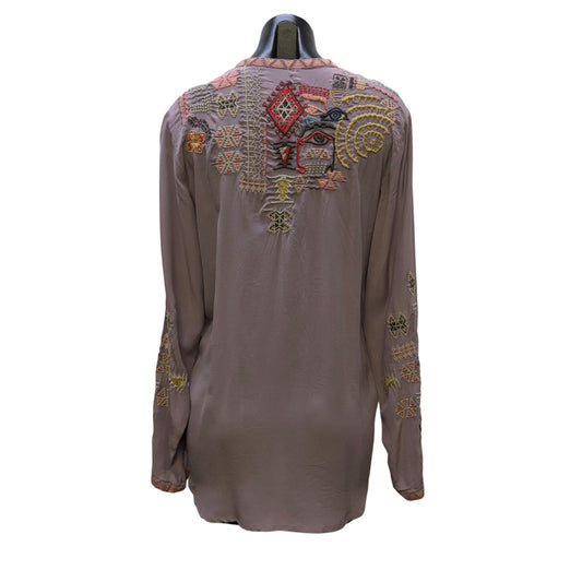 Johnny Was Biya Embroidered Lavender Tunic Blouse Long Sleeves S
