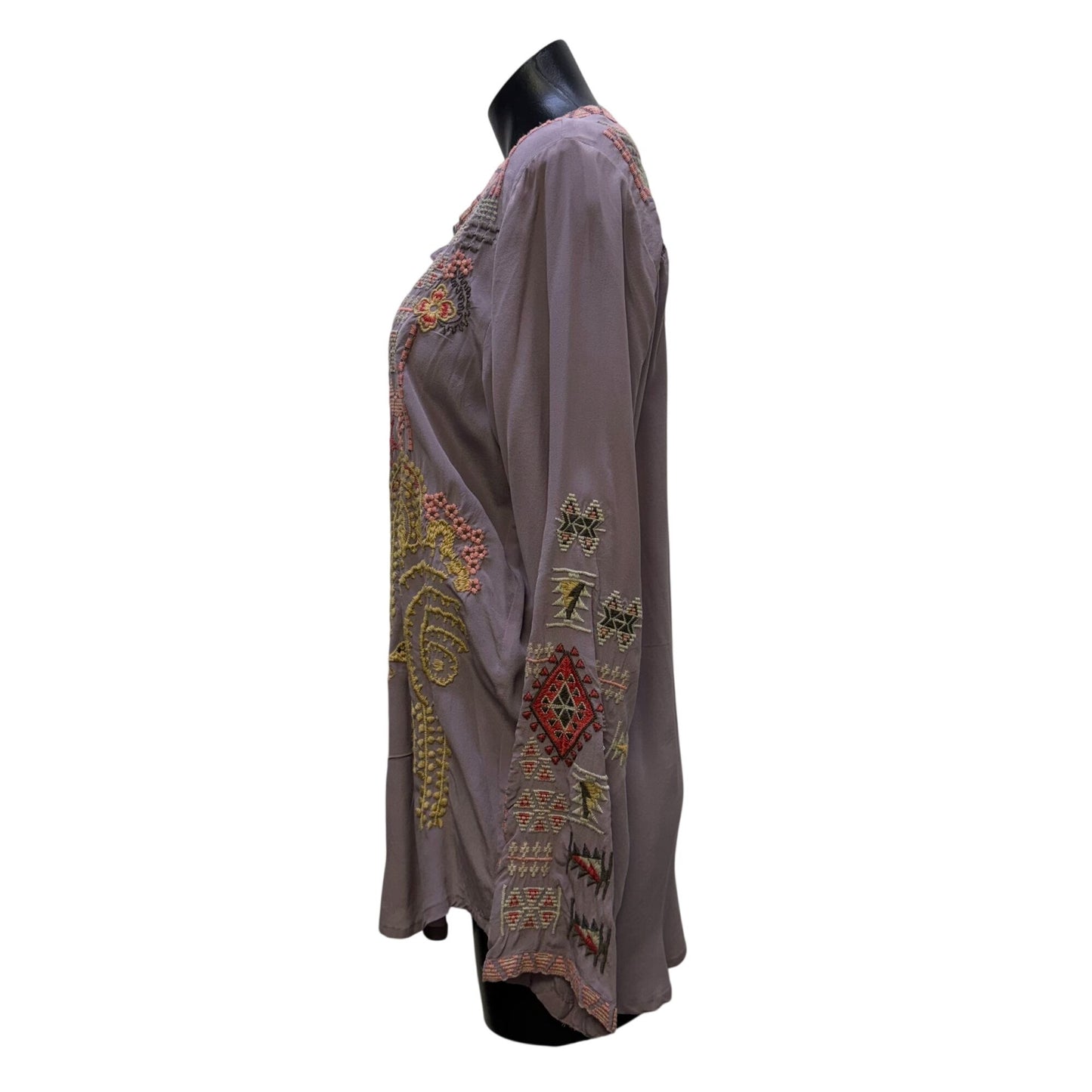 Johnny Was Biya Embroidered Lavender Tunic Blouse Long Sleeves S