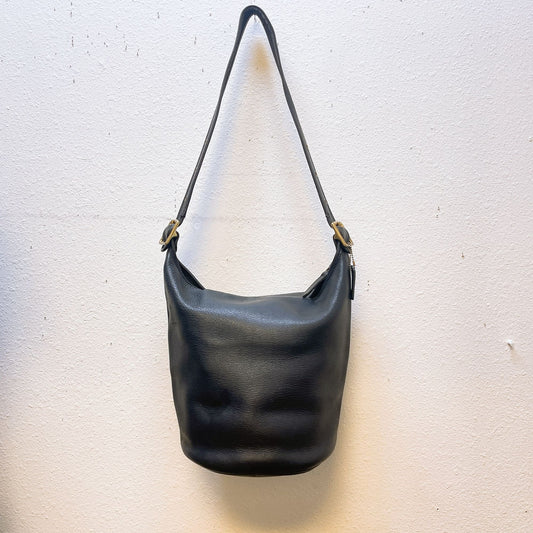 Vintage Coach Black Leather Hobo Bag With Adjustable Strap & Brass Hardware