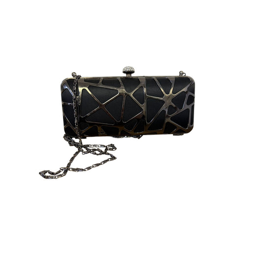 Olga Berg Black Geometric Metal Clutch With Chain Strap