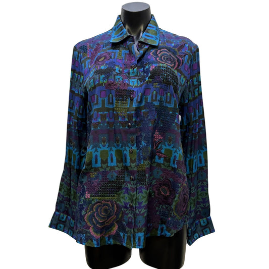 Robert Graham Limited Edition Multicolor Floral & Geometric Print Button-Up Blouse L