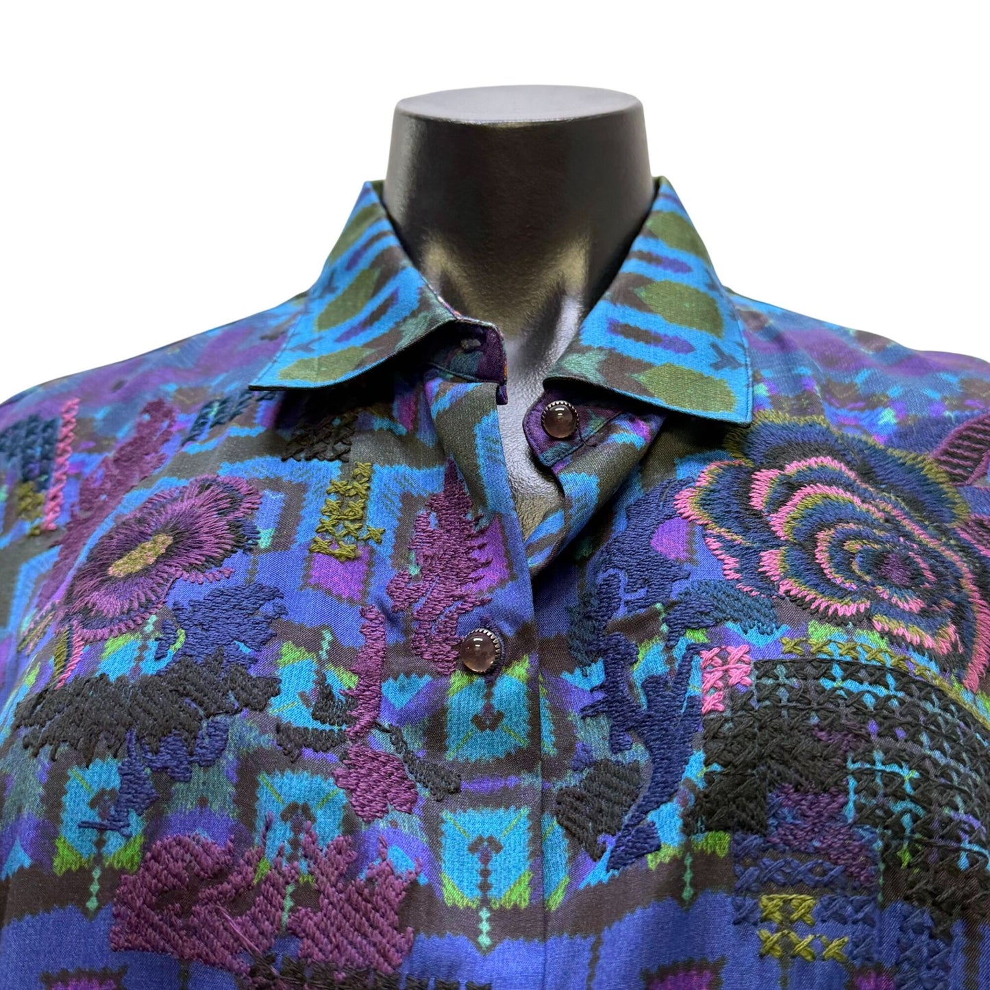 Robert Graham Limited Edition Multicolor Floral & Geometric Print Button-Up Blouse L