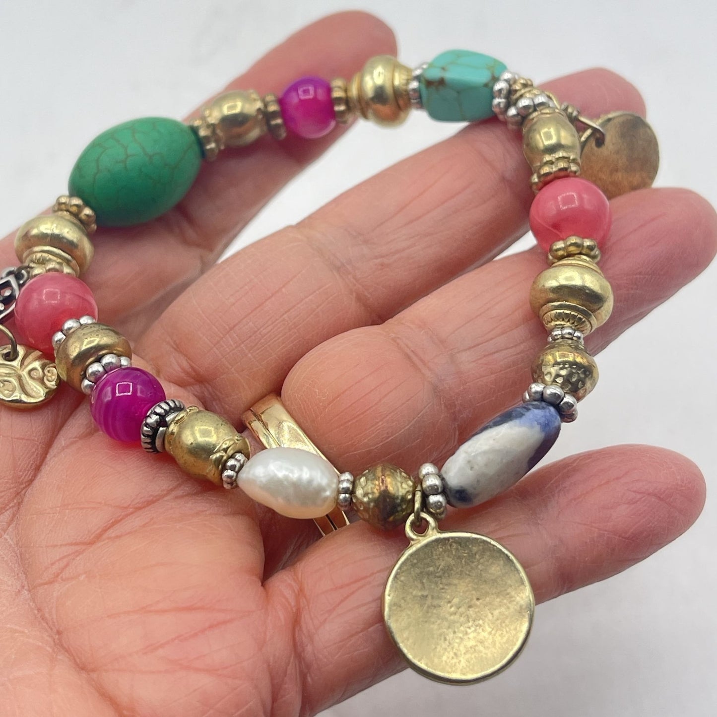 Chico's Multi-Color Beaded Bracelet With Gold Accents & Charms