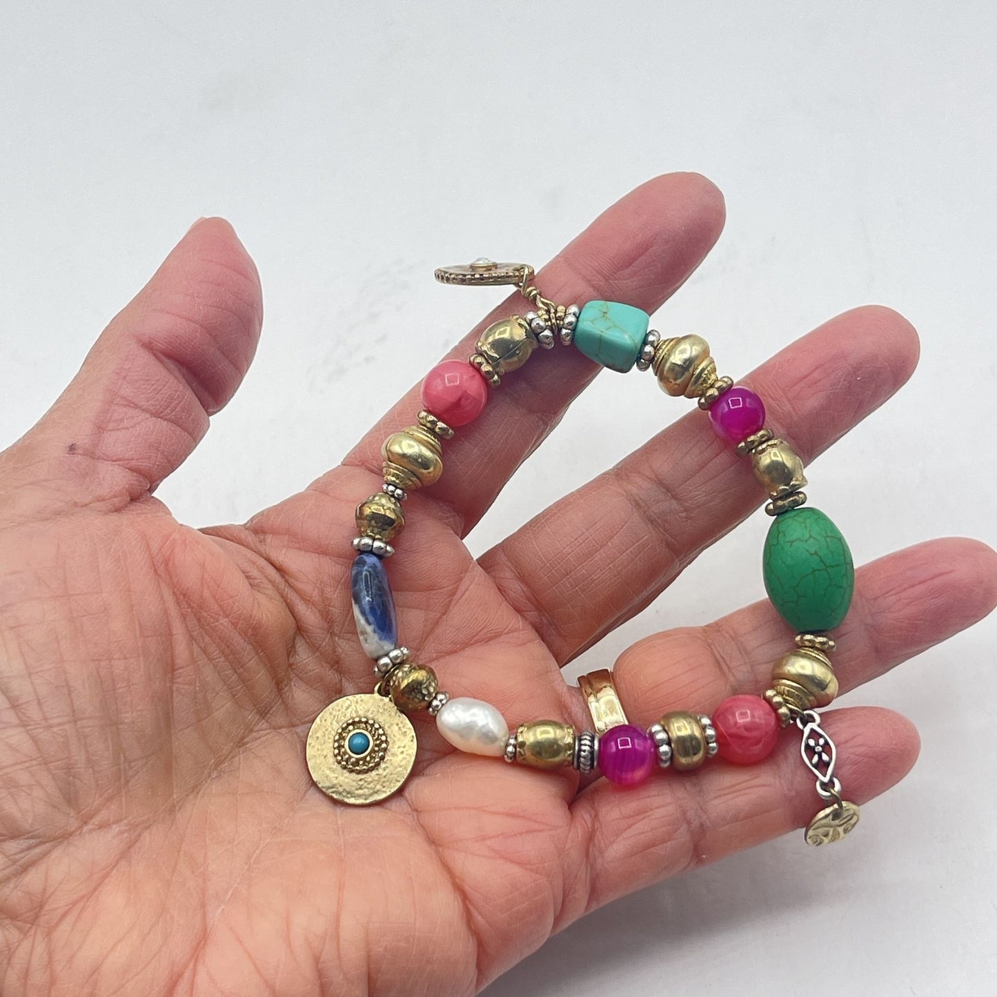 Chico's Multi-Color Beaded Bracelet With Gold Accents & Charms