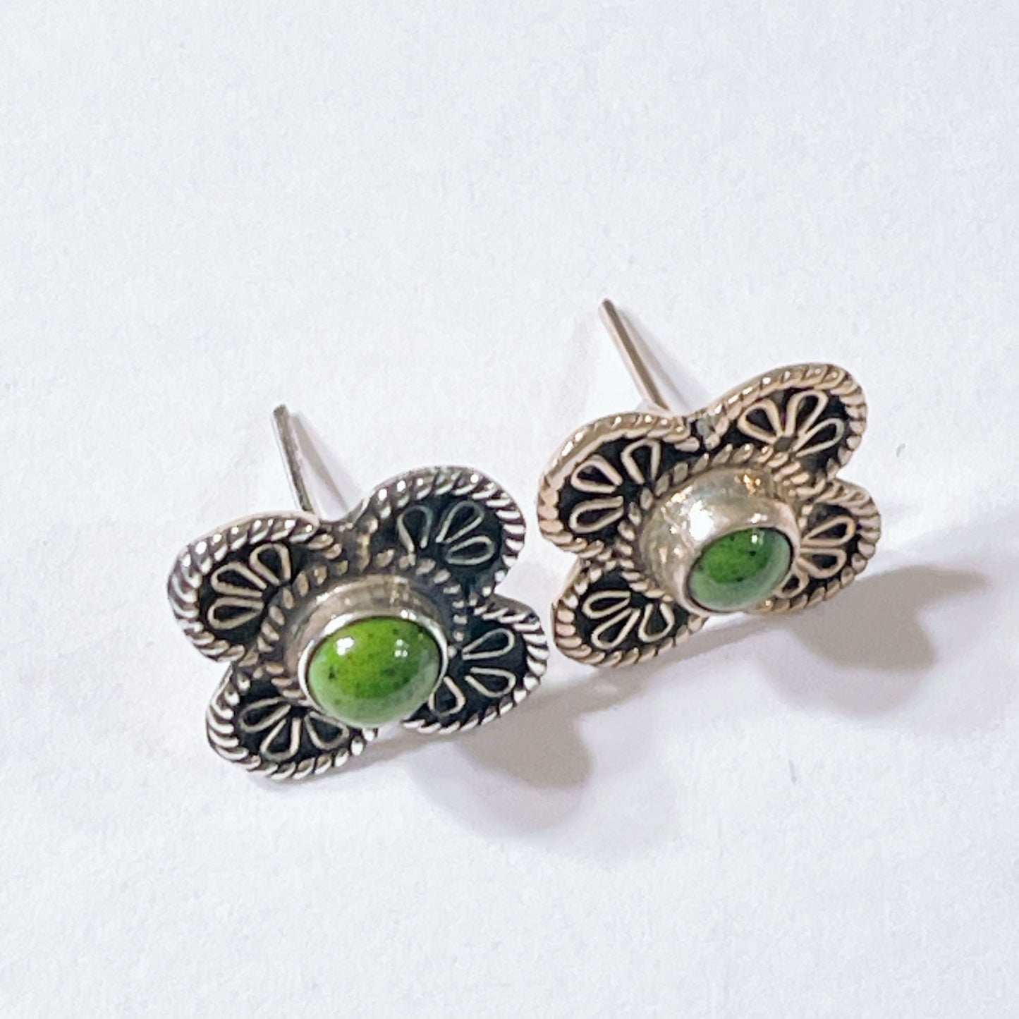 Sterling Silver Green Stone Flower Stud Earrings