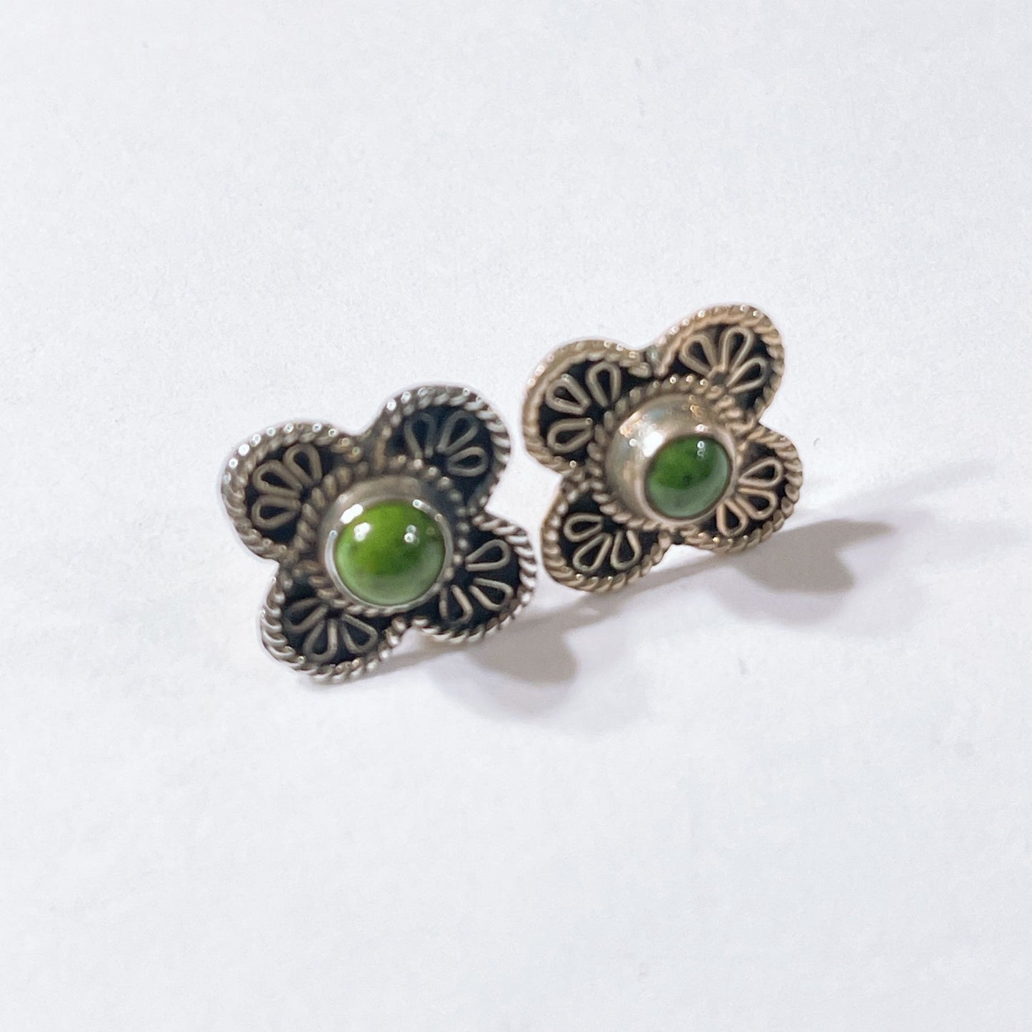 Sterling Silver Green Stone Flower Stud Earrings