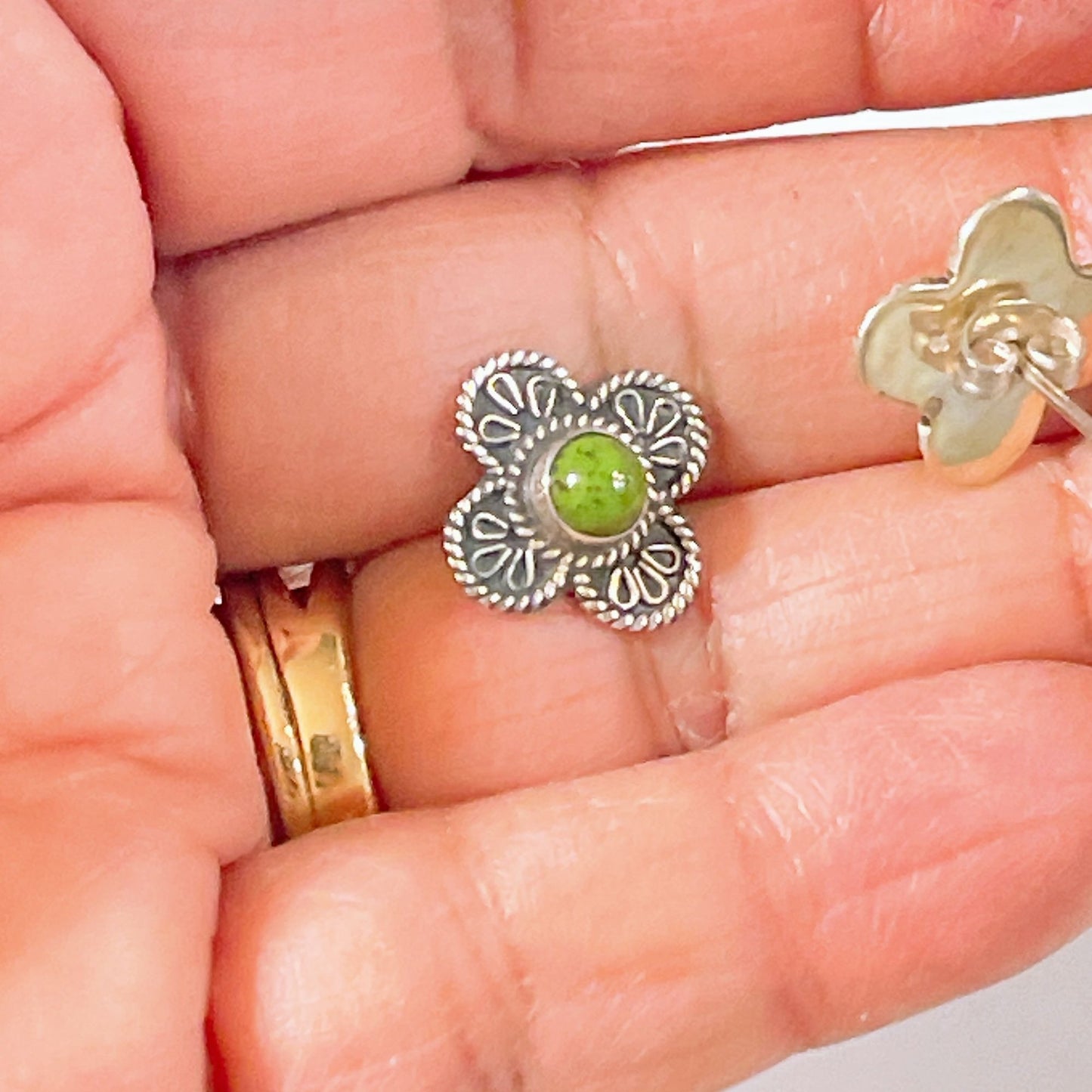 Sterling Silver Green Stone Flower Stud Earrings