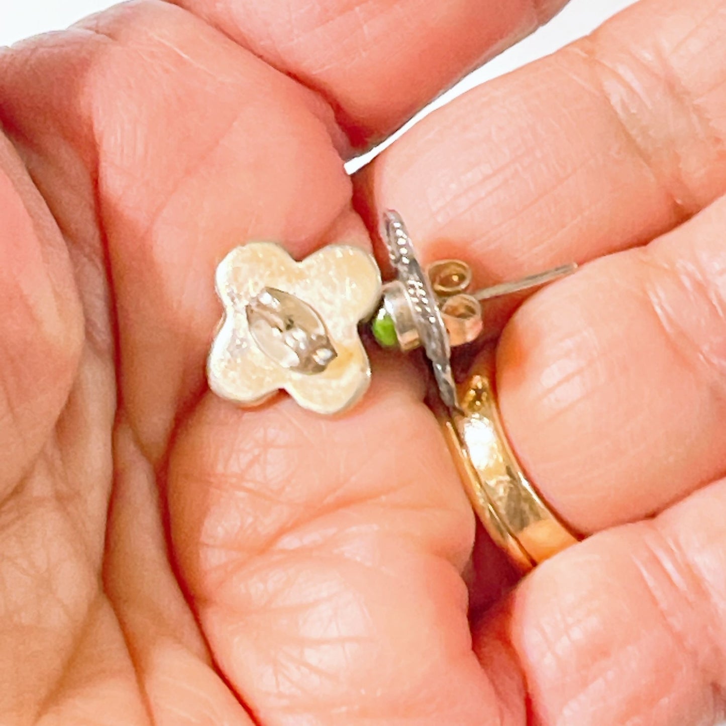 Sterling Silver Green Stone Flower Stud Earrings