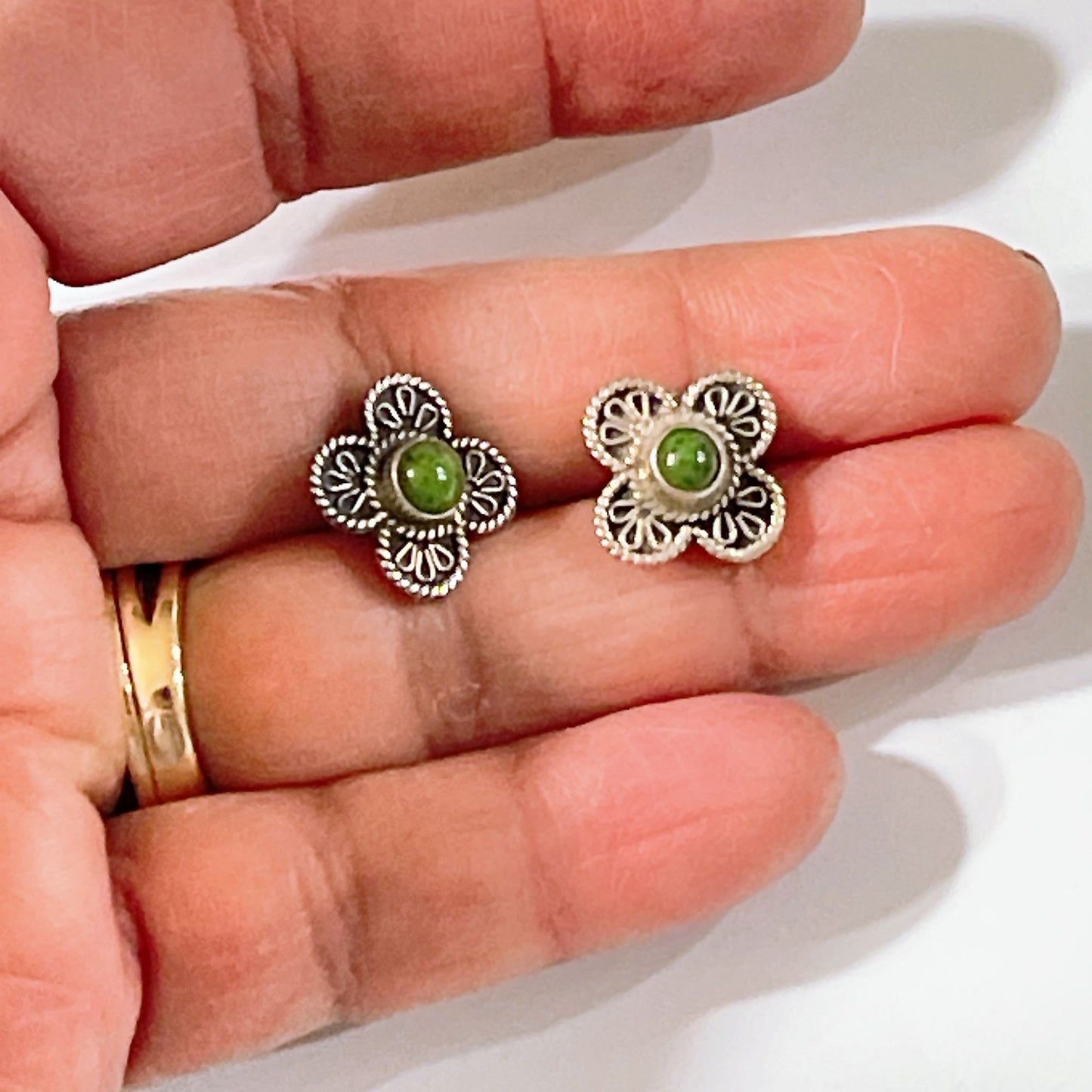 Sterling Silver Green Stone Flower Stud Earrings