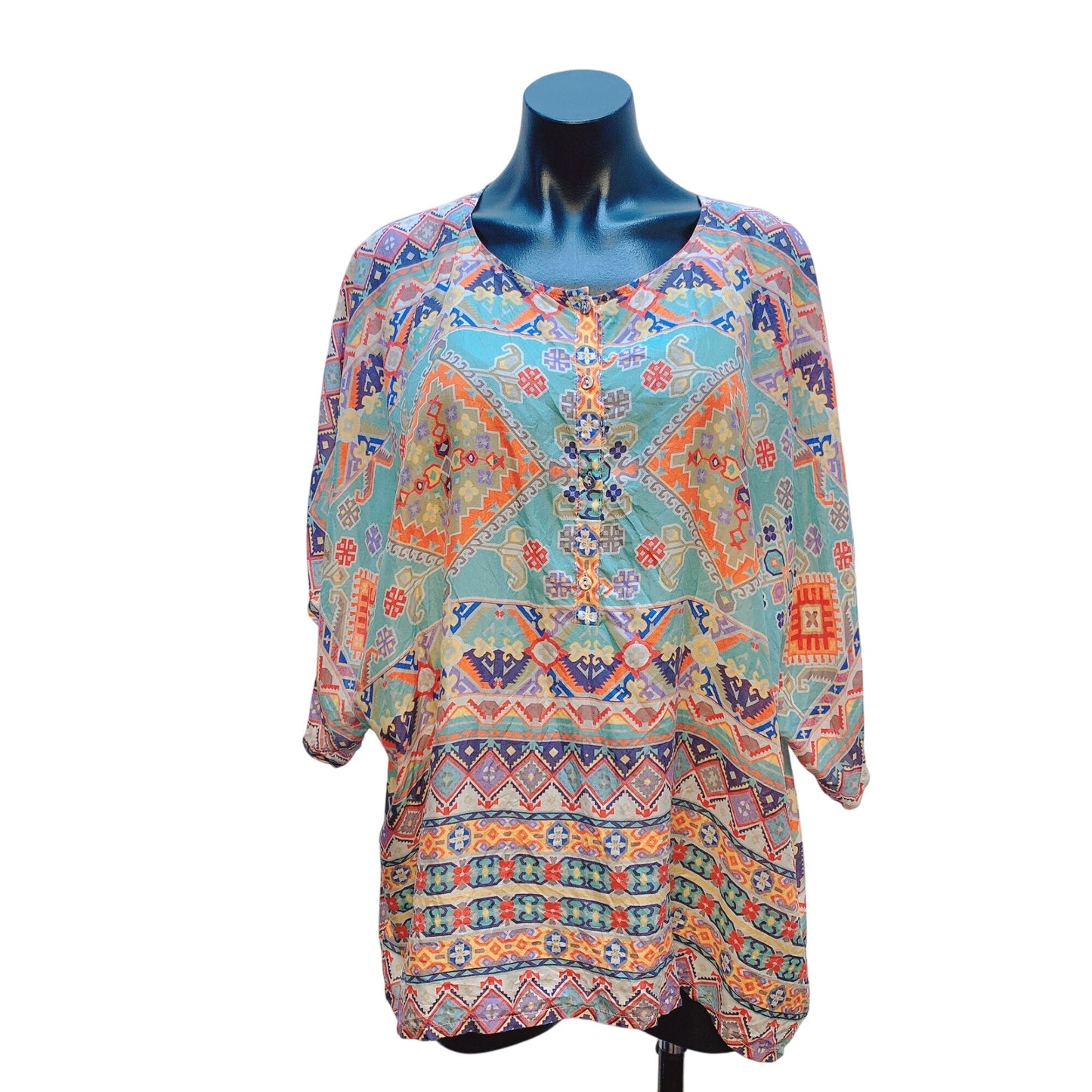 Johnny Was Womens Silk Multicolor Bohemian Print Tunic Blouse Size L