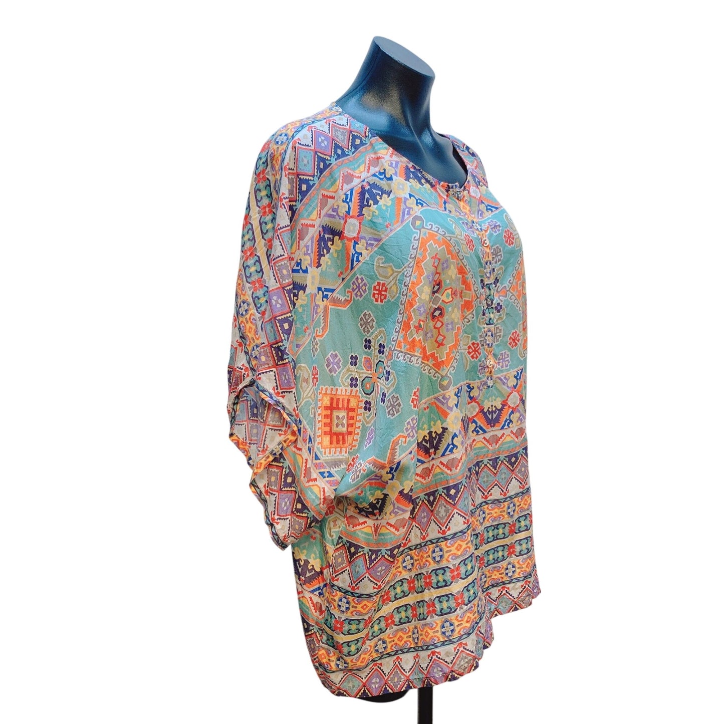 Johnny Was Womens Silk Multicolor Bohemian Print Tunic Blouse Size L