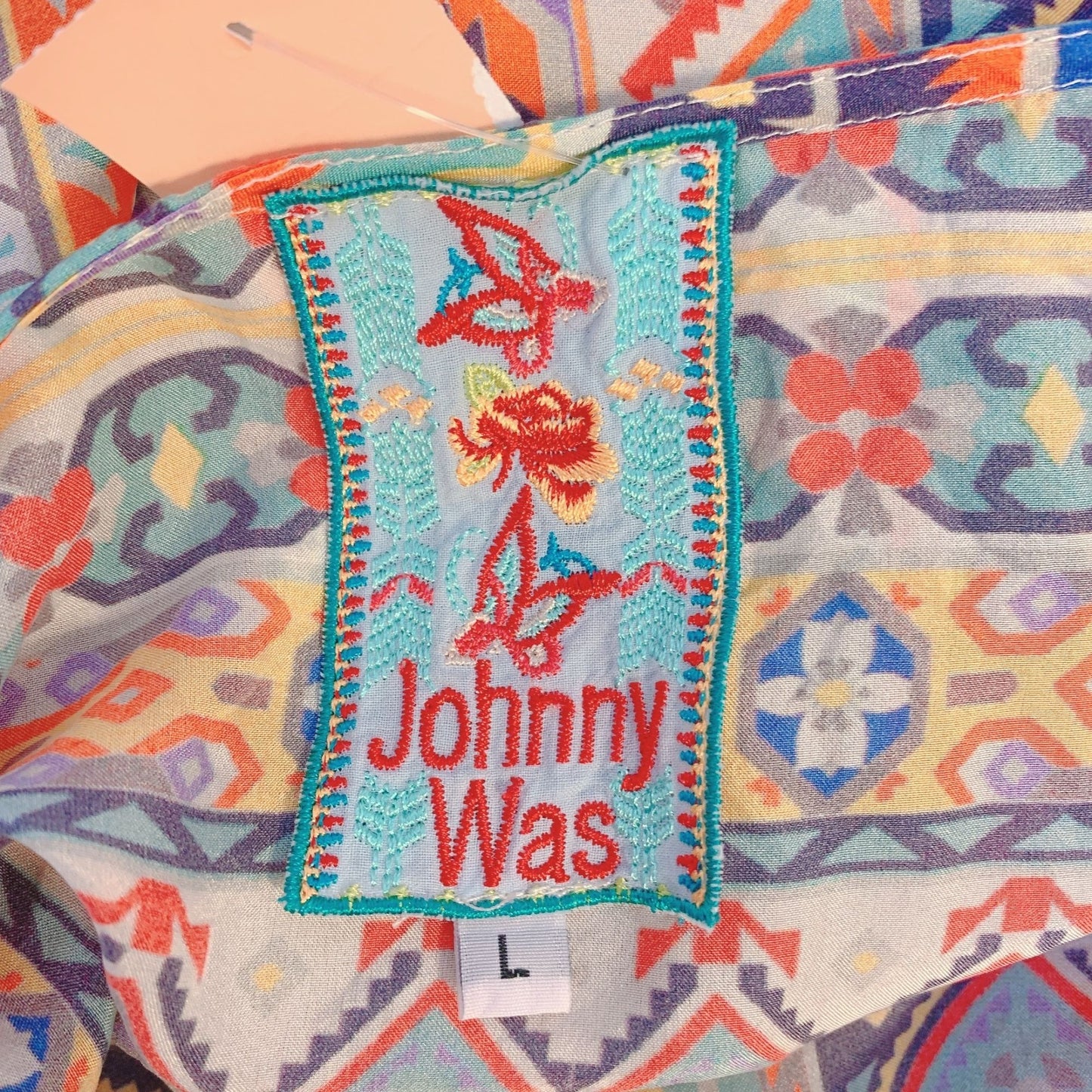 Johnny Was Womens Silk Multicolor Bohemian Print Tunic Blouse Size L