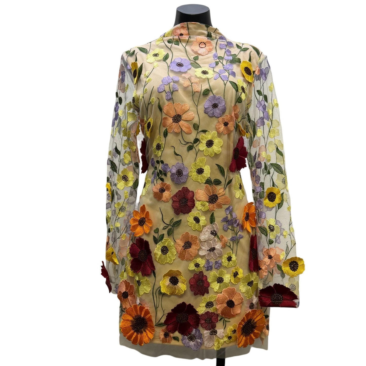 NWT Vin Floral Embroidered Mini Dress With Open Back & Long Sleeves Multicolor M