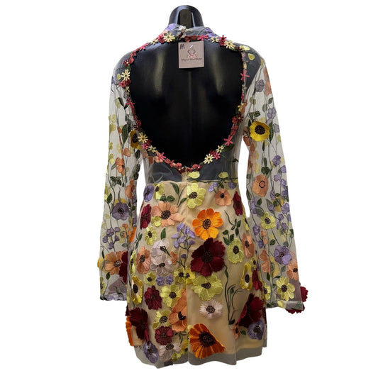 NWT Vin Floral Embroidered Mini Dress With Open Back & Long Sleeves Multicolor M