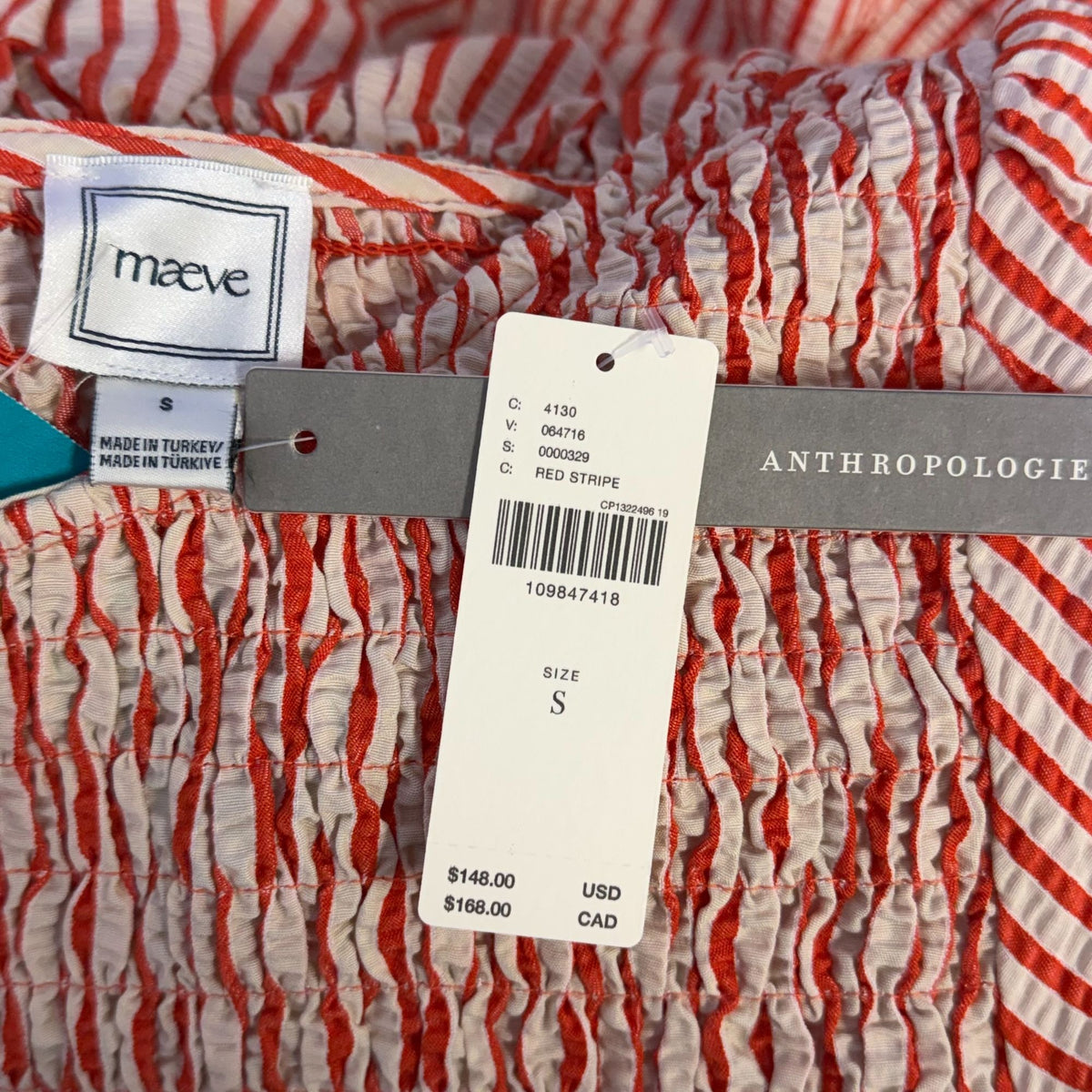 Maeve Anthropologie Smocked Red & White Striped Dress S
