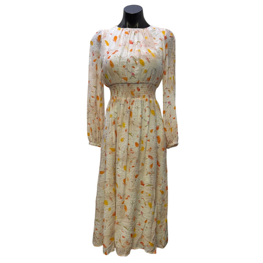 Motf Long-Sleeve Smocked Waist Midi Dress White Yellow Floral Print S