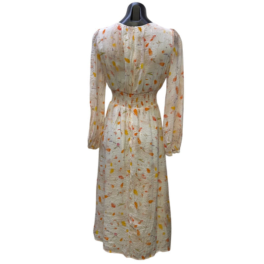 Motf Long-Sleeve Smocked Waist Midi Dress White Yellow Floral Print S