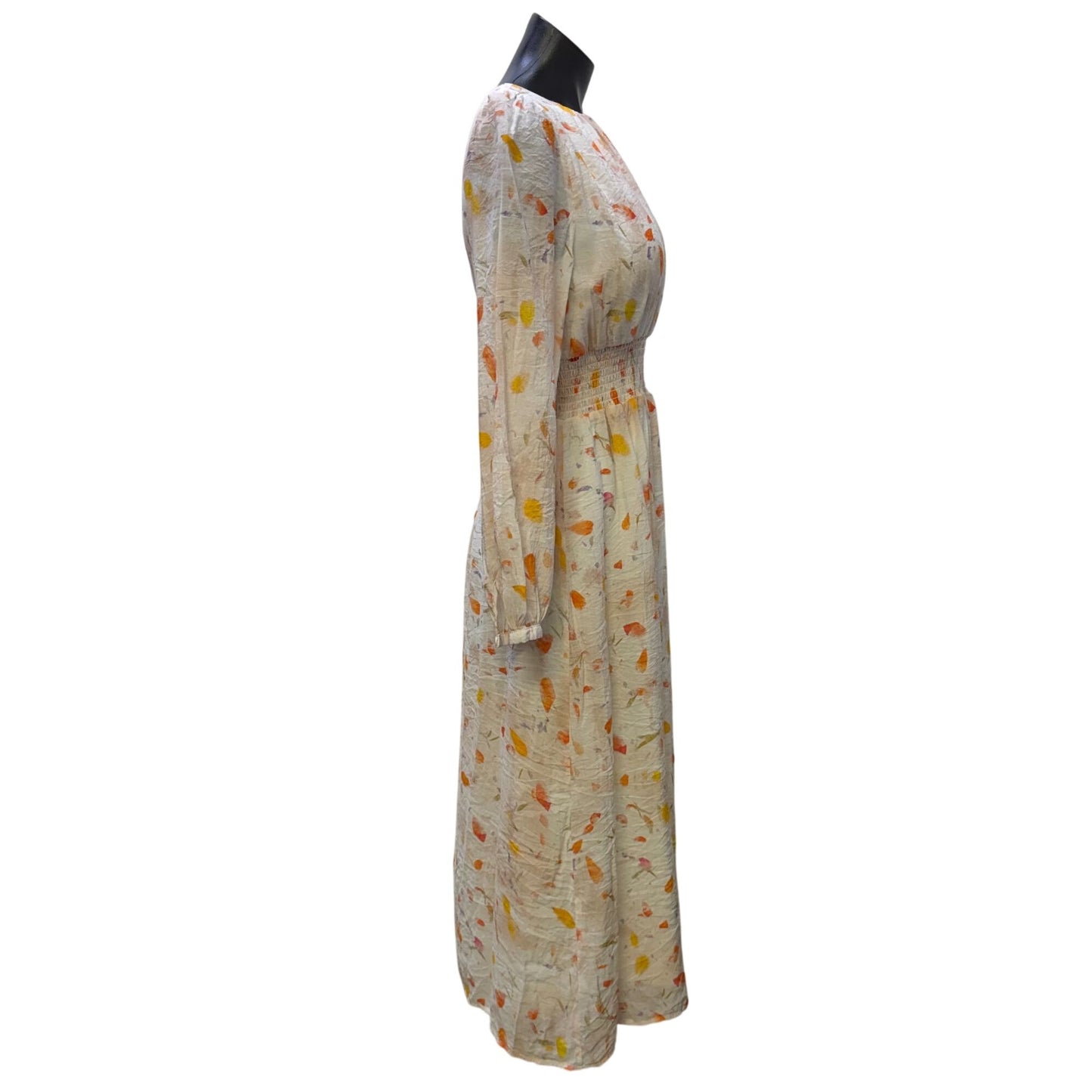 Motf Long-Sleeve Smocked Waist Midi Dress White Yellow Floral Print S