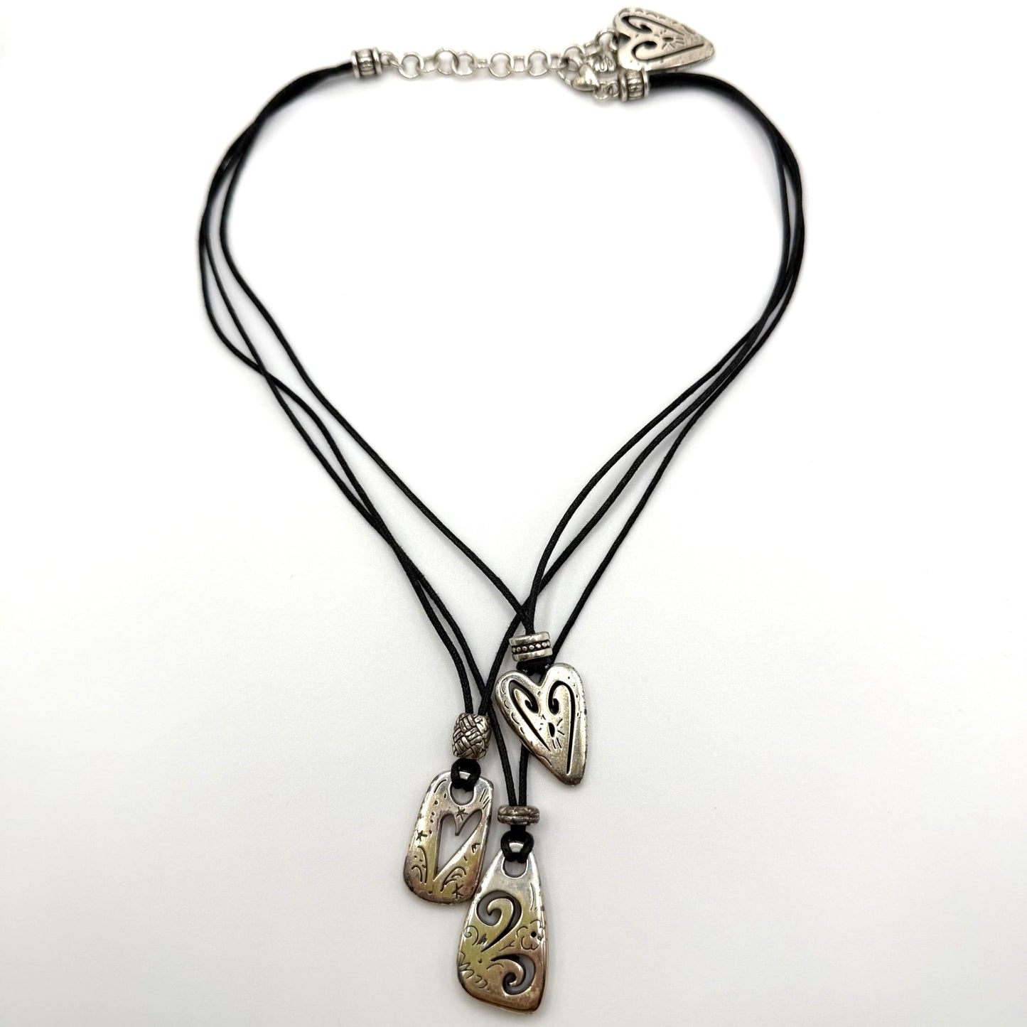 Brighton Brazilian Multi-Charm 3-Strand Black Cord Necklace With Heart Pendants