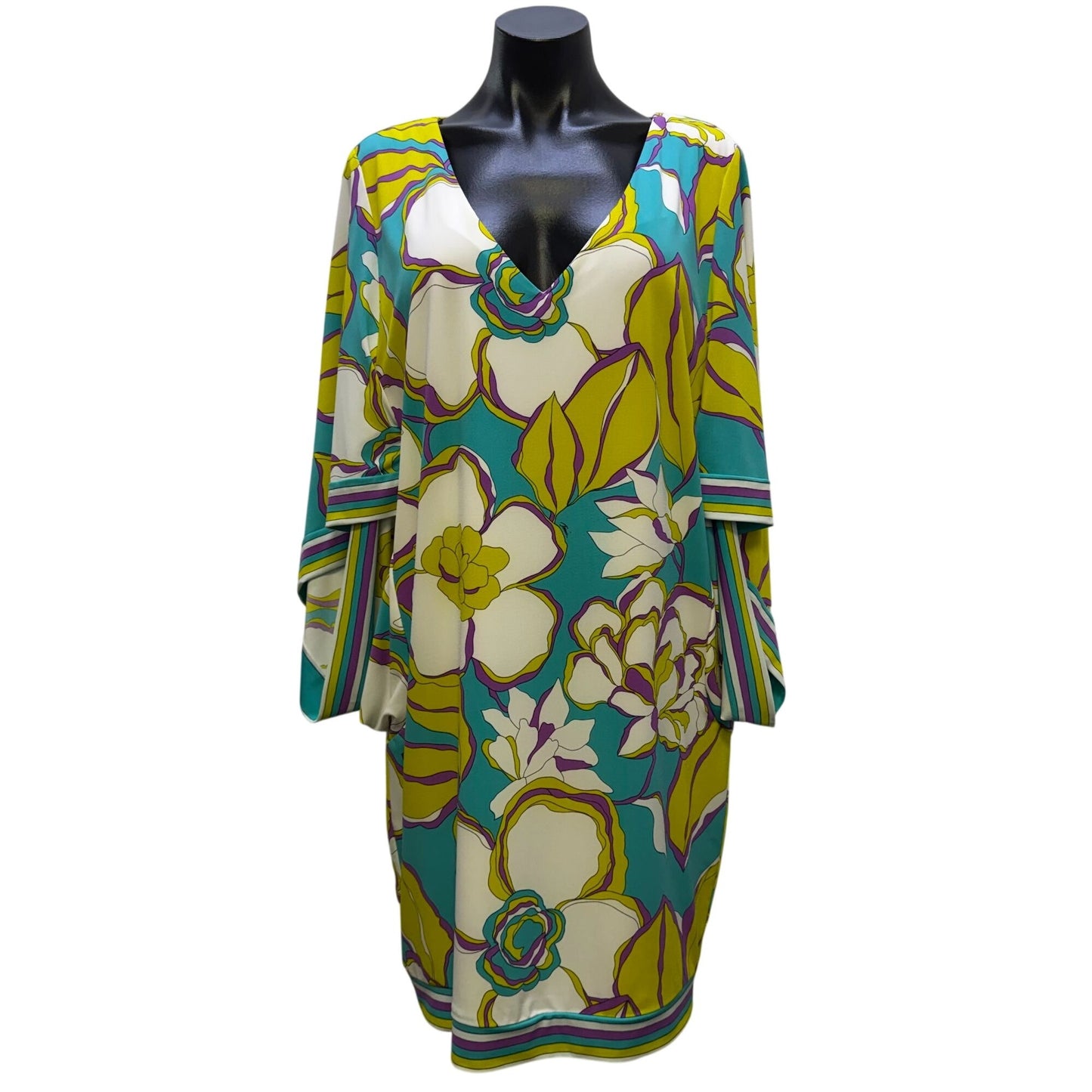Trina Turk Floral Print Dress Turquoise & Yellow Long Bell Sleeves 10