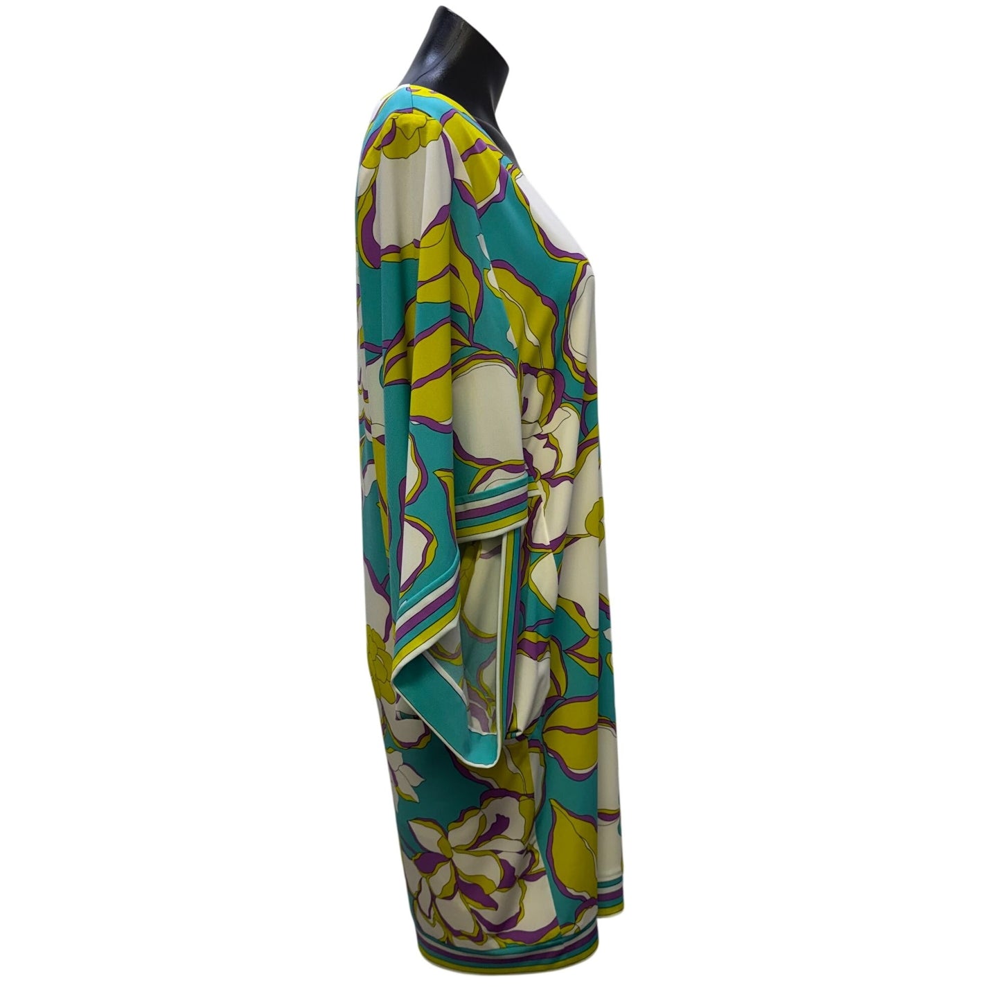 Trina Turk Floral Print Dress Turquoise & Yellow Long Bell Sleeves 10