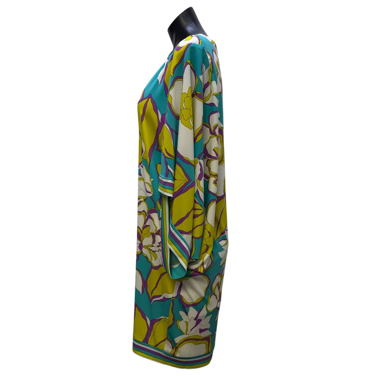 Trina Turk Floral Print Dress Turquoise & Yellow Long Bell Sleeves 10