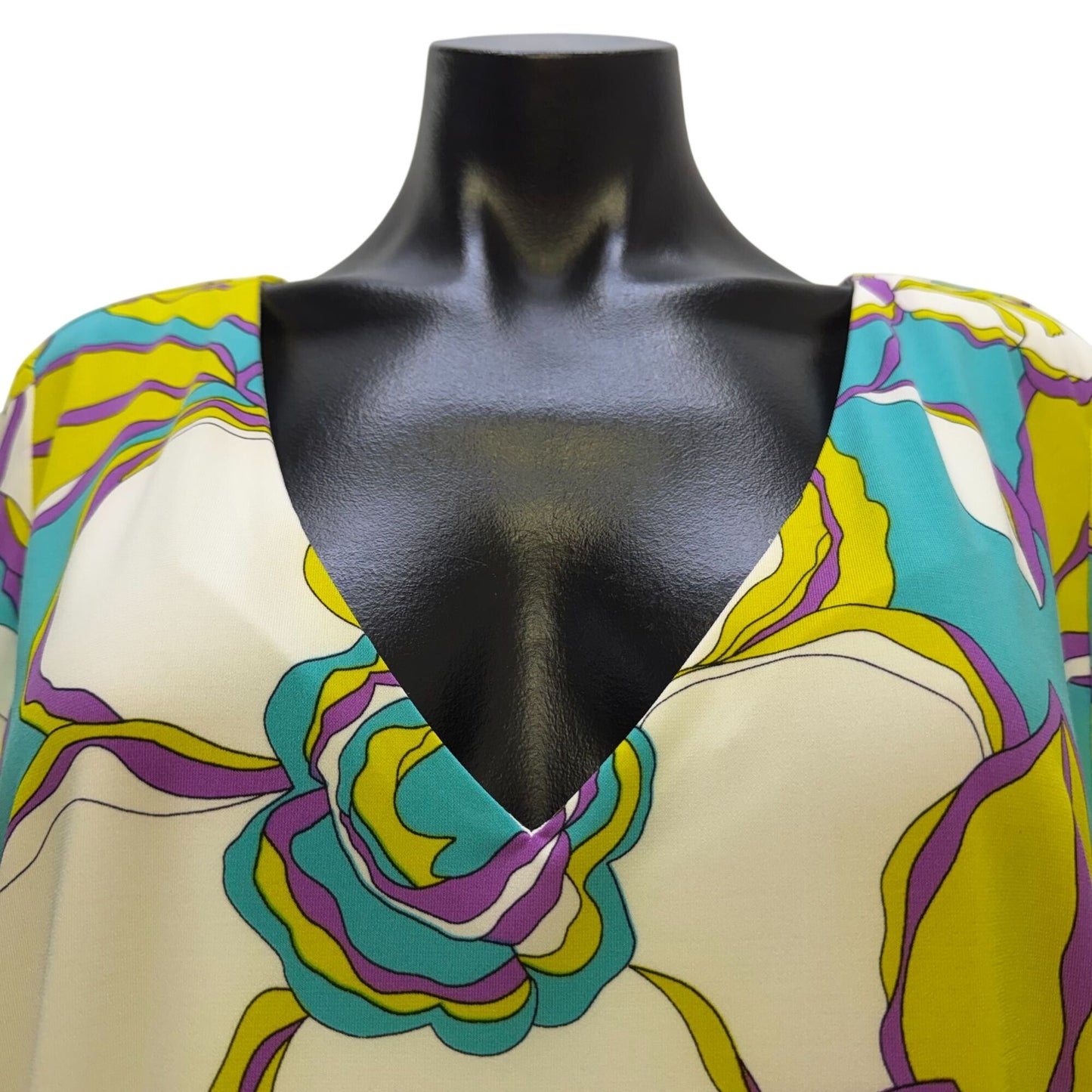 Trina Turk Floral Print Dress Turquoise & Yellow Long Bell Sleeves 10