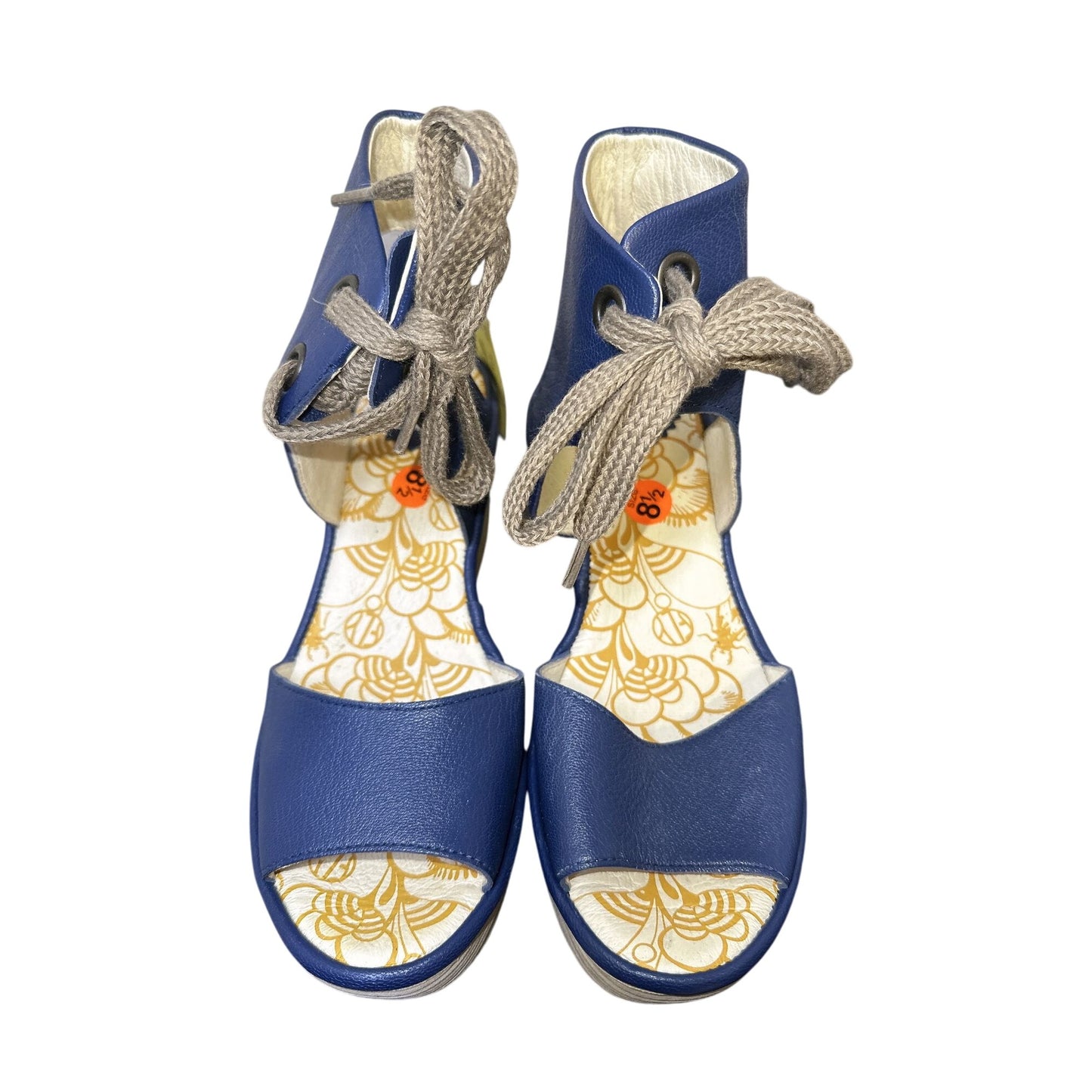 NWT Fly London Blue Leather Lace-Up Wedge Sandals Size 8.5