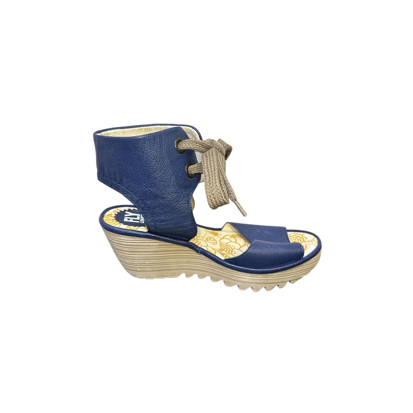 NWT Fly London Blue Leather Lace-Up Wedge Sandals Size 8.5