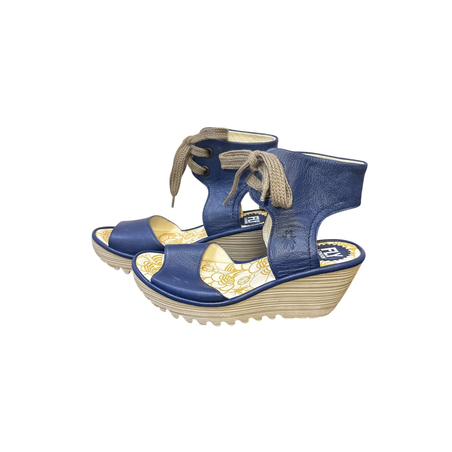 NWT Fly London Blue Leather Lace-Up Wedge Sandals Size 8.5