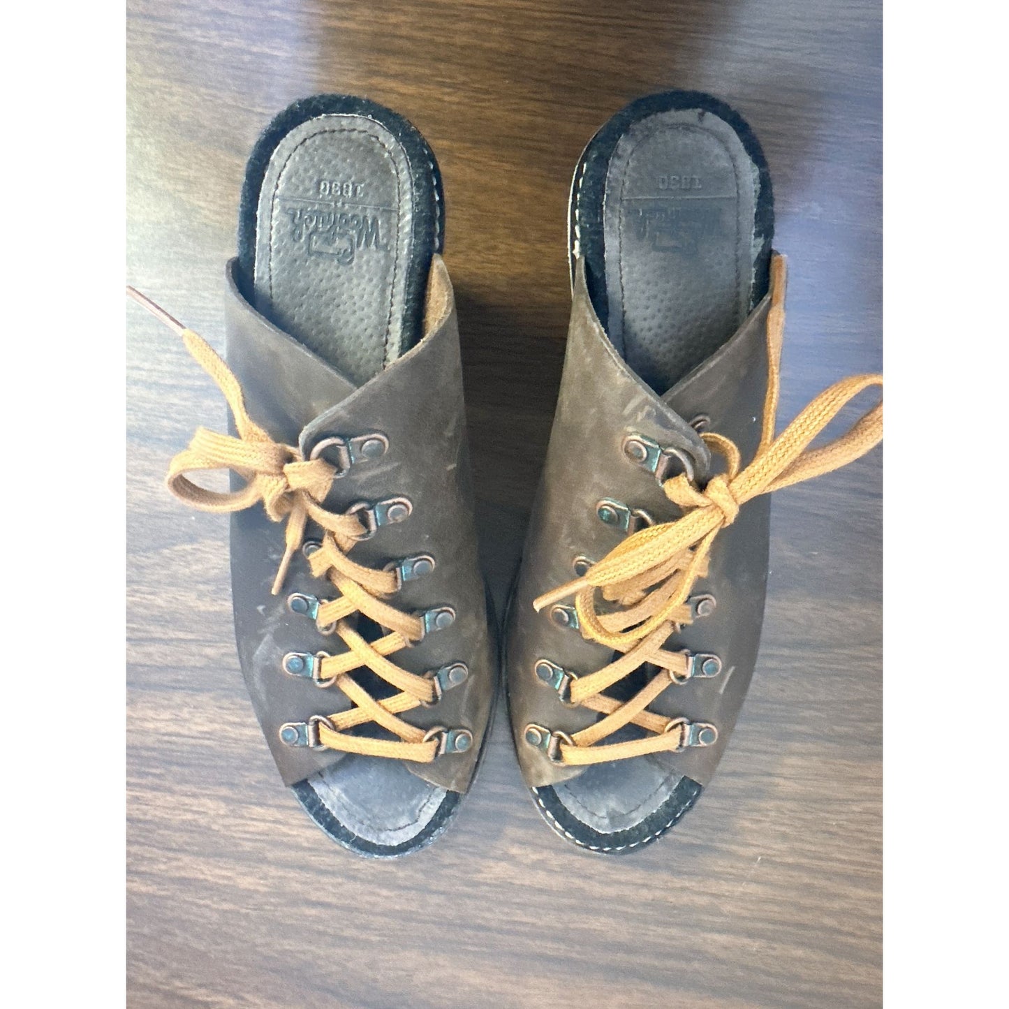 Wolrich Vintage-Inspired Brown Leather Lace-Up Mule Heels w/Chunky Wood Heel Size 8.5