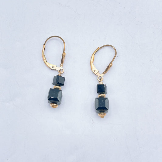 Black Cube Bead Leverback Earrings With Gold Plated