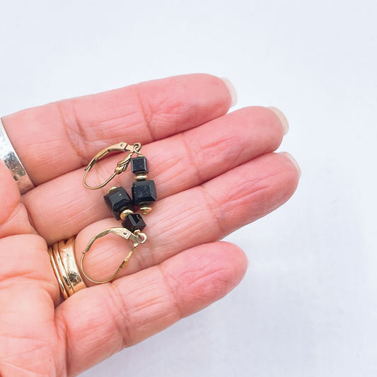 Black Cube Bead Leverback Earrings With Gold Plated