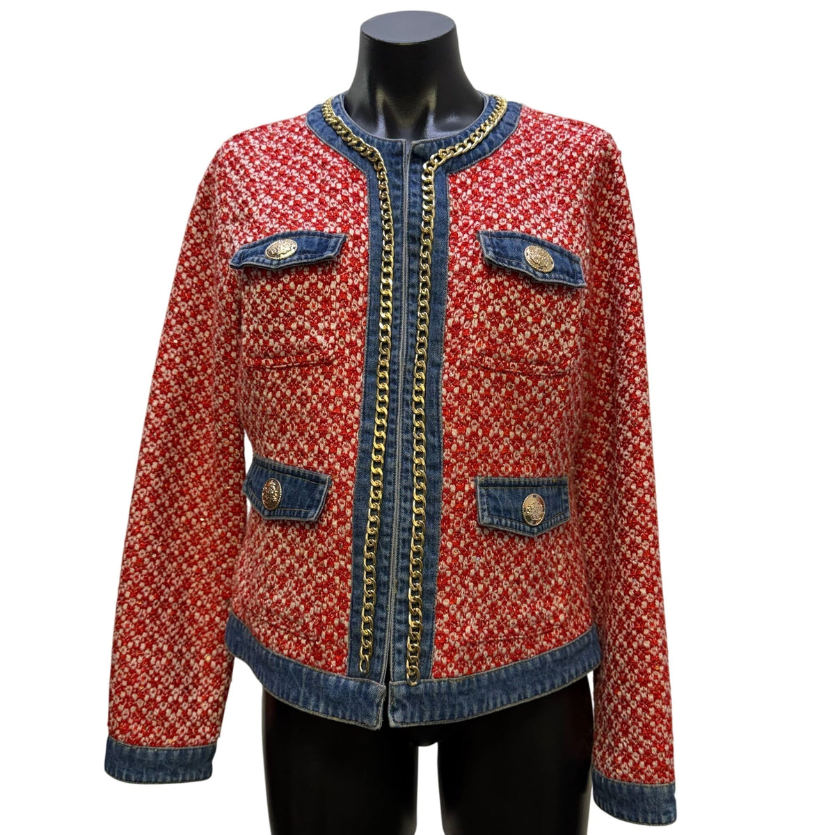 Boston Proper Red & Blue Tweed Jacket With Denim Trim Size 10