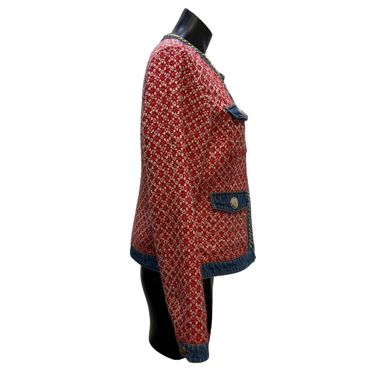 Boston Proper Red & Blue Tweed Jacket With Denim Trim Size 10