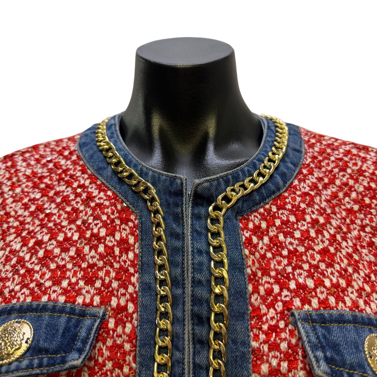 Boston Proper Red & Blue Tweed Jacket With Denim Trim Size 10