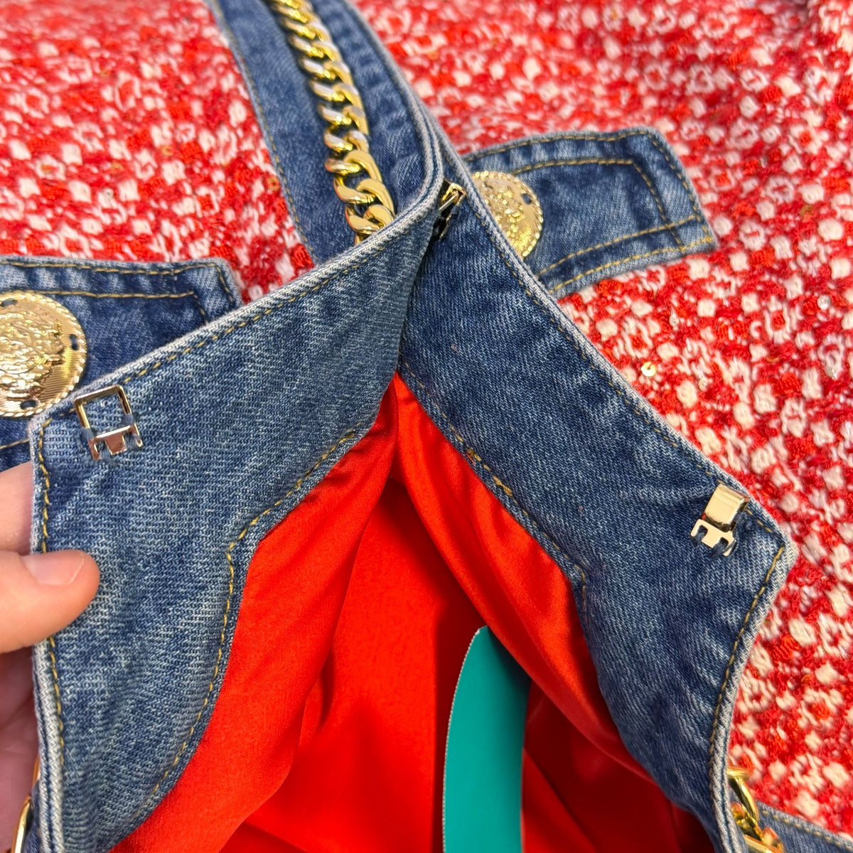 Boston Proper Red & Blue Tweed Jacket With Denim Trim Size 10
