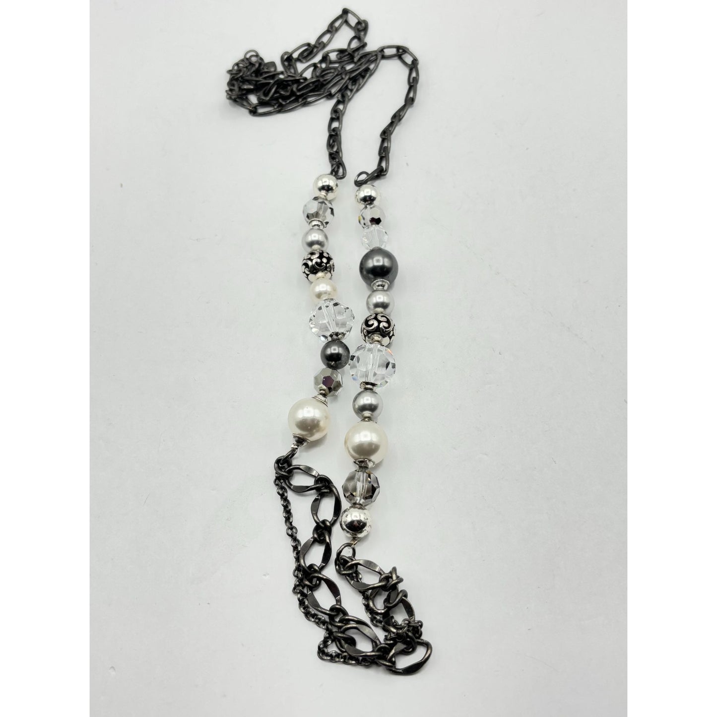 Brighton Multi-Beaded Necklace With Black & White Beads & Gunmetal Chain